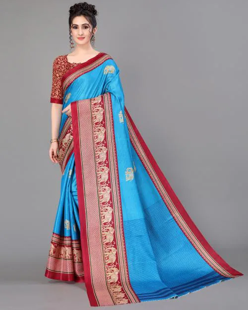 SVENJA Blue & Red Mysore Silk Saree with Blouse Piece | sarees for women | saree |sarees | silk blend sarees for women