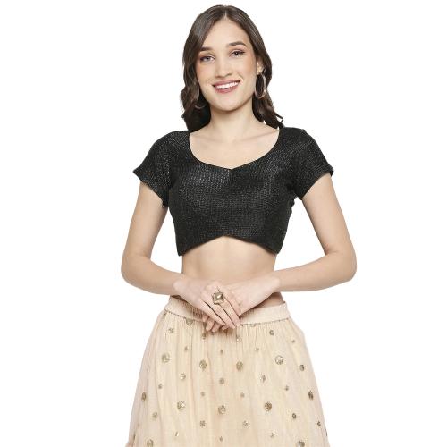 Salwar Studio Women's Black Shimmer Sequence embroidered Readymade Saree Blouse