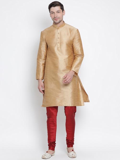Vastramay Men's Gold Silk Blend Kurta Pyjama Set