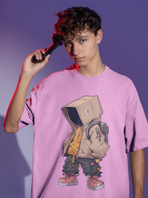 grooves New Pink Pure Cotton Printed Oversized Round Neck Half Sleeve T-Shirt for Men