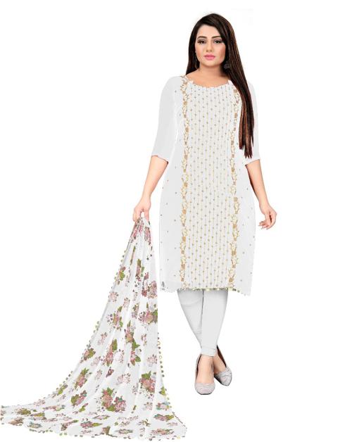 White Georgette Embroidered with Sequins Dress Material With Dupatta