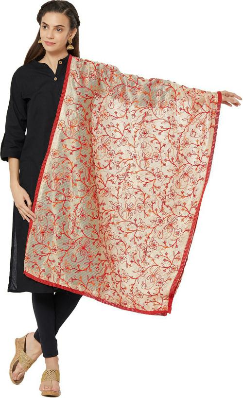 Dupatta Bazaar Women Red Embroidered Cotton Silk Dupatta