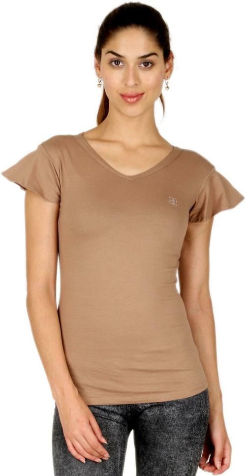 AE Adam n' eve Women Beige Solid Cotton Blend Top
