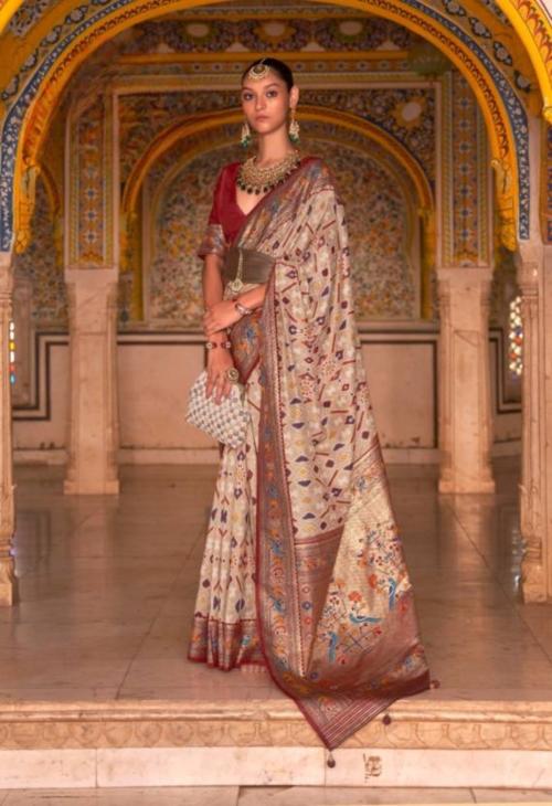 PANZORA Women Beige Embroidered Crepe Saree with Unstitched Blouse