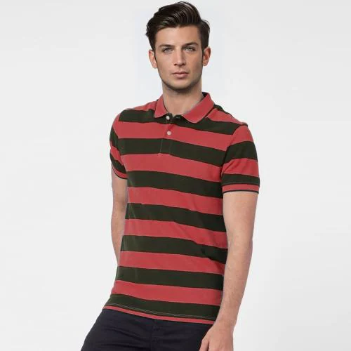 Rad Prix Men Red and Black thick Stripes regular fit Polo T-Shirt