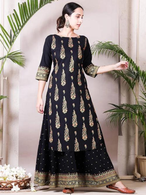 TOP 2 BOTTOM RAYON BLACK PRINTED KURTA SKIRT SET FOR WOMEN