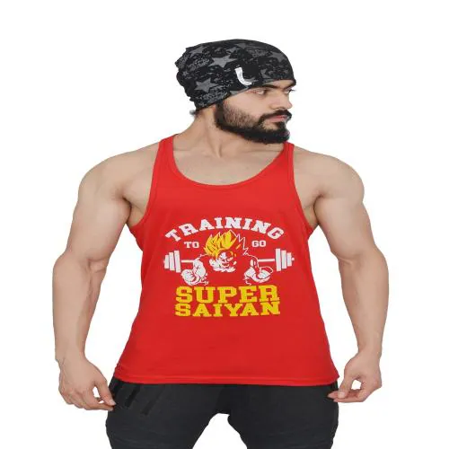 Anax Aesthetics Men's Sleeveless Cotton Gym Vest, X Dragon Ball Z Grafiko Series Training to Go Super Saiyan Stringer, Sando, Tank (Medium (38 cm),Color : Razor Red, White & Yellow)