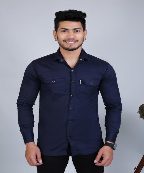 PODGE Men Slim Fit Solid Spread Collar Casual Navy Blue Shirt