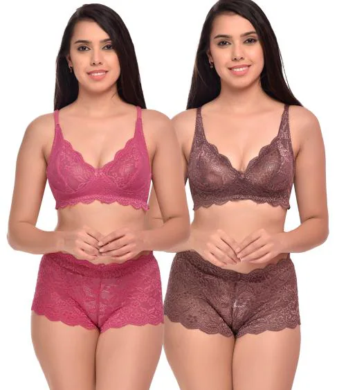PIBU Trendy Style Pink,Maroon Bra Panty Set For Women Lingerie Set Pack of 2