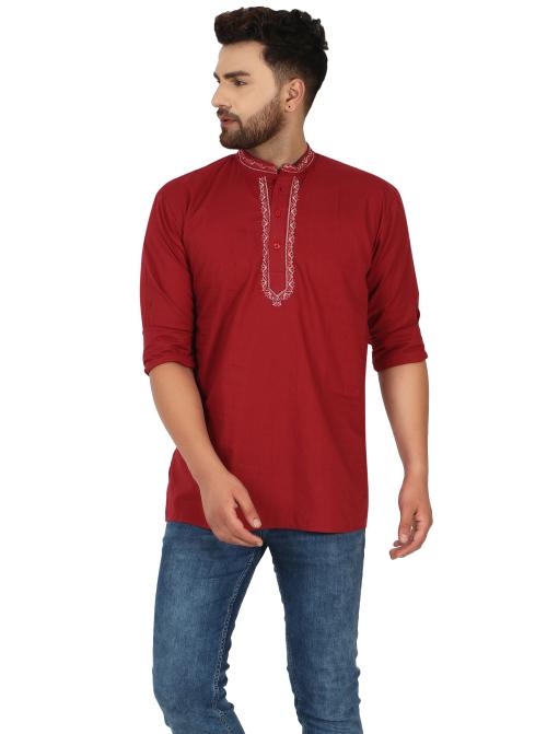 SKAVIJ Men's Cotton Embroidered Regular Fit Short Kurta ( X-Large ,Red)