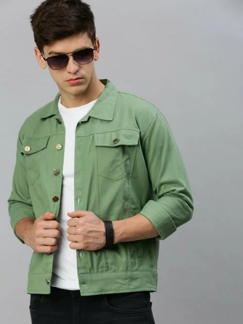 VOXATI Light Green Men Denim Biker Jacket