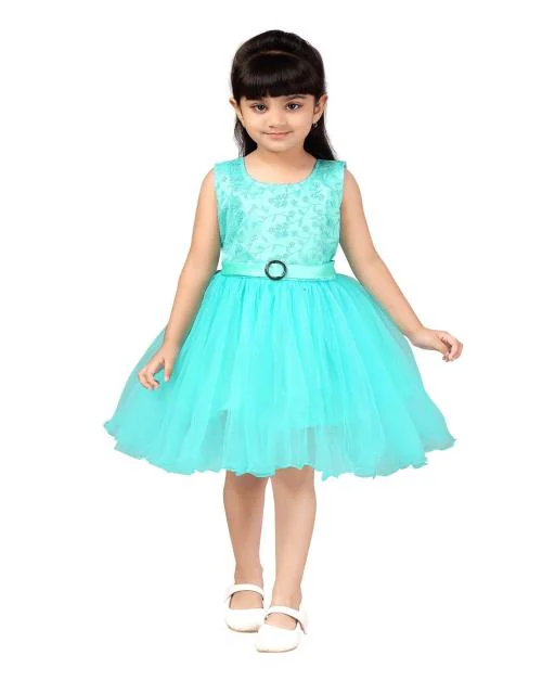 Aarika Girls Turquoise Color Embroidered Net Frock