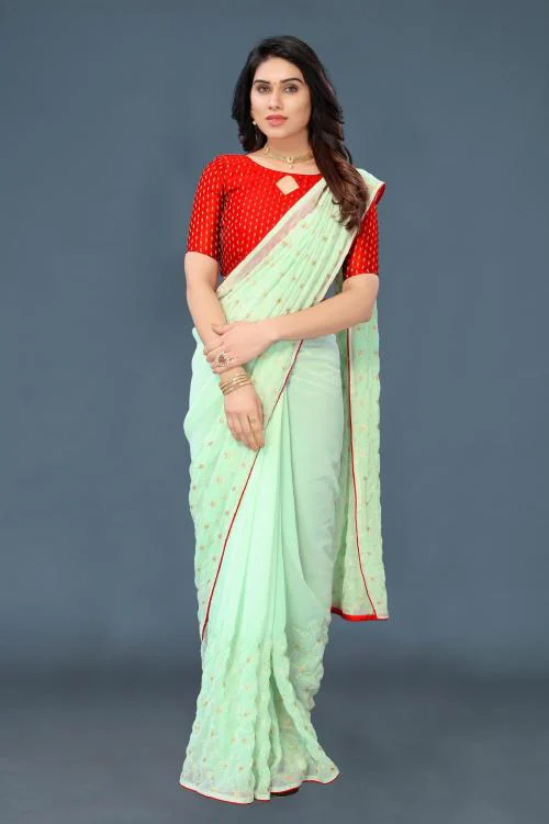 Isha Trade Women Green Embroidered Net Banarasi Saree