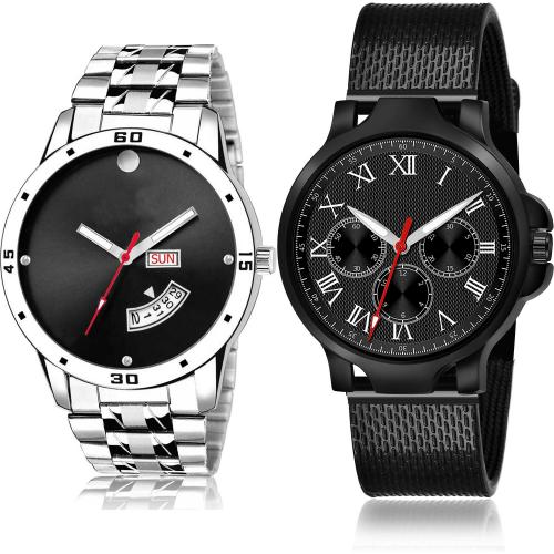 NIKOLA Modish Style Day And Date Chain Watch Silver And Black Colour Analog Stainless Steel And Plastic Belt 2 Watch Combo For Boys And Men - BL46.104-(73-S-10)