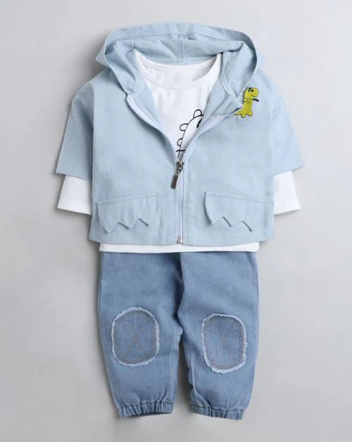 Hopscotch Boys Cotton And Polyester Lycra Animal Print Tee, Hoodie And Pant Set In Blue Colour For Ages 3-4 Years (YUE-3115218)