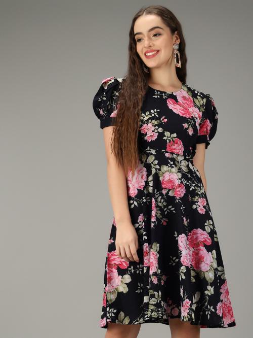 Rudraaksha Women Black Crepe All over print Single A-line Dress