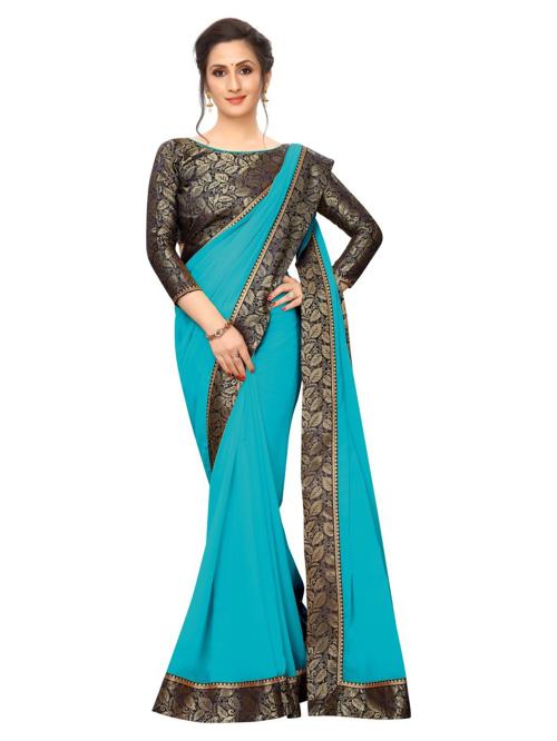 Reeta Fashion Designer Turkish Blue Georgette Jacquard Lace Saree with Unstitched Blouse