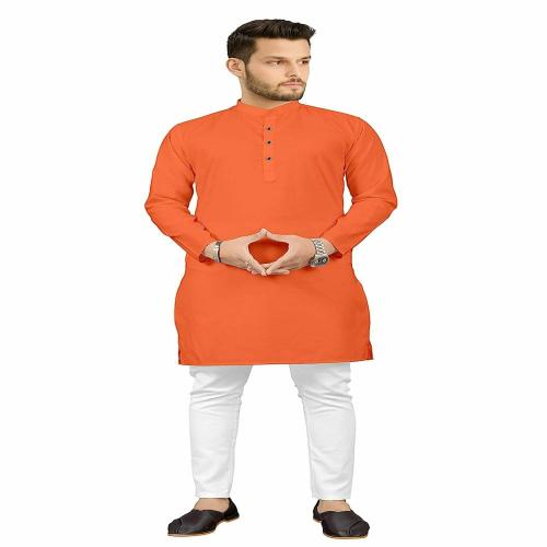 FABZOO MEN PLAIN ORANGE KURTA PAJAMA WHITE SET SIZE (L)