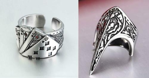 SILVOSWAN Silver Plated Alloy Adjustable Funky Playing Card Rings for Unisex (pack of 2)