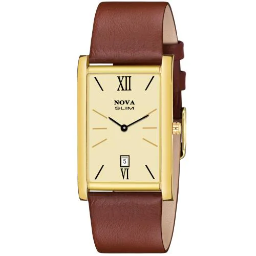 Nova Leather Slim Date Gold Plated Finish With Japanese Technology Wrist Watch