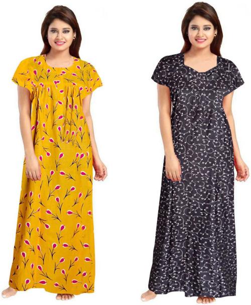 Ramaneey Women Multicolor Printed, Floral Cotton Pack Of 2 Nighty Set