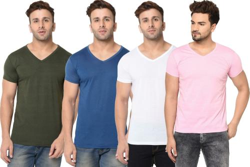Bribzy Men Olive, Airforce, White, Pink Solid Cotton Blend pack of 4 T-Shirts (Extra Large)