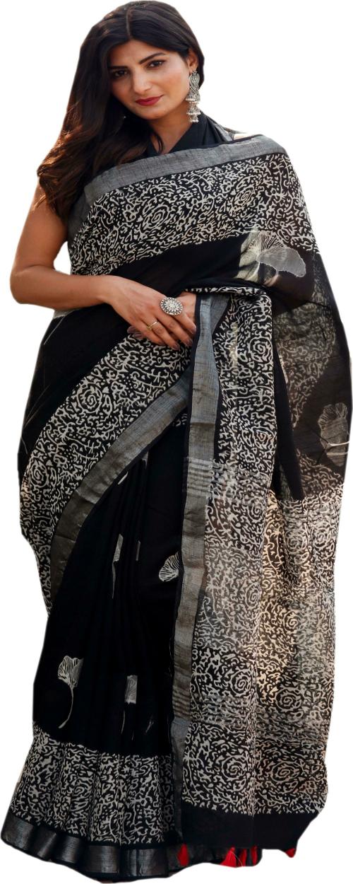 Pallo Latke Women Black Printed Cotton Linen Blend Saree