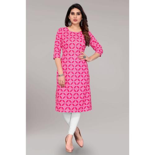 CRINOL Women's White and Pink Printed Crepe Calf Length Kurta _M