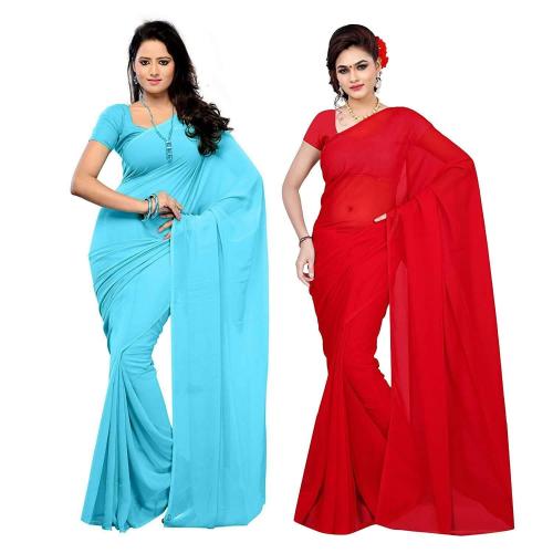 Sidhidata Textile Plain Georgette Saree With Blouse Piece Pack of Two (Sky Blue-Red) Red, Sky Blue