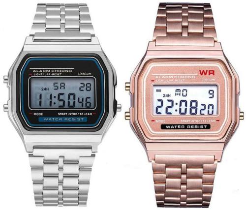 Acnos Brand 2 Combo Digital Silver RoseGold Vintage Square Dial Unisex Water Resist Watch for Men Women Pack Of 2 (WR70)