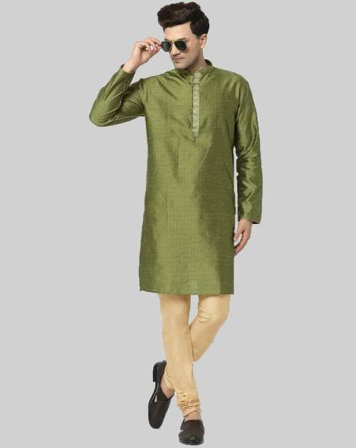 Chitwan Mohan Men Green and Beige Solid BROCADE Kurta Set
