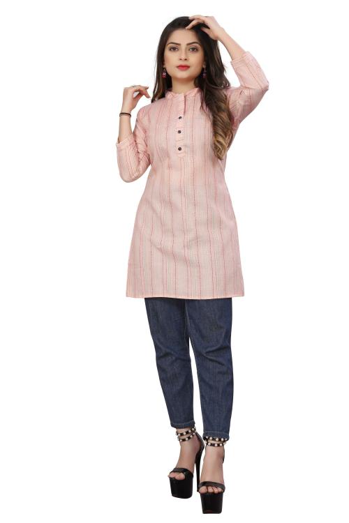 Alisi Womens Cotton Blend Stripe Print Straight Short Kurti (Pink)
