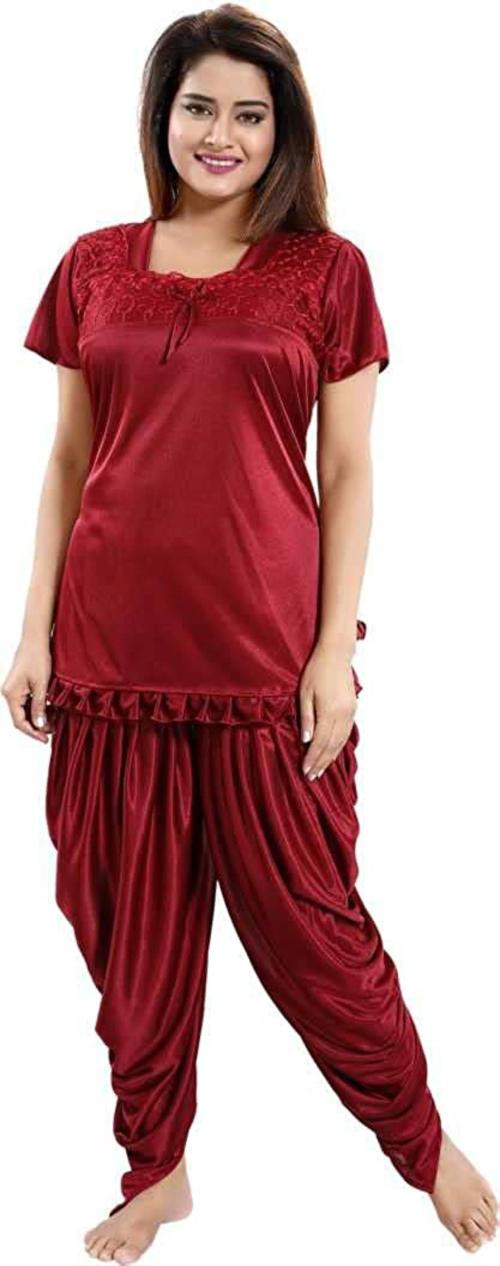 Kavanng Women's Satin Patiyala Nighty, Soft and Stylish Satin Nightwear for Women, Silky Night Suit Set, Fashionable Stylish Satin Patiyala Nightwear for Women (XXL, Maroon)