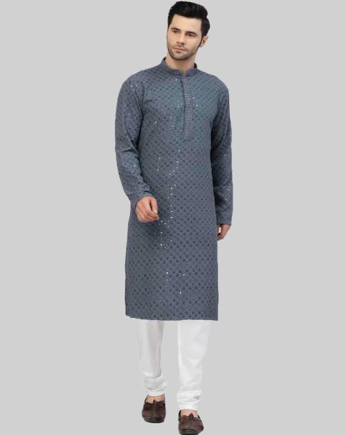 MOHANLAL SONS Men Grey Ethnic Motifs Embroidered Sequinned Pure Cotton Kurta with Churidar