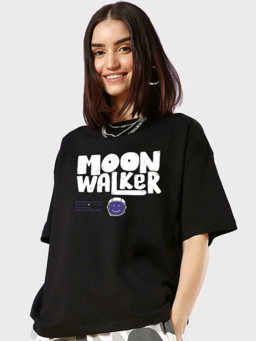 Bewakoof Women's Black Moon Walker Typography Neck Sleeve Oversized T-shirt