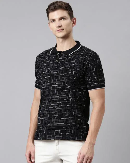 Kryptic Men Black White Printed Polo Collar T-shirt