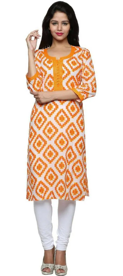 Inara Robes Women Orange Printed Cotton Blend Straight Kurta - S