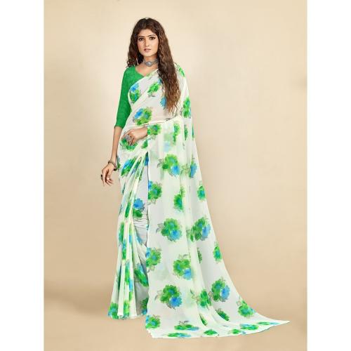 Grubstaker Green And White Colour Floral Printed Saree