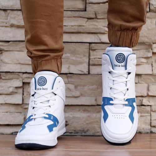 Bacca Bucci Urban Retro Series Men's Fashion Sneakers-Korean Style Mid Top White Shoes for Men- White, Size UK7