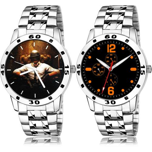 NIKOLA Modern Fashion Pubg Military Army Chain Watch And Silver Chain Silver Colour Analog Stainless Steel Belt 2 Watch Combo For Boys And Men - B451-(70-S-19)