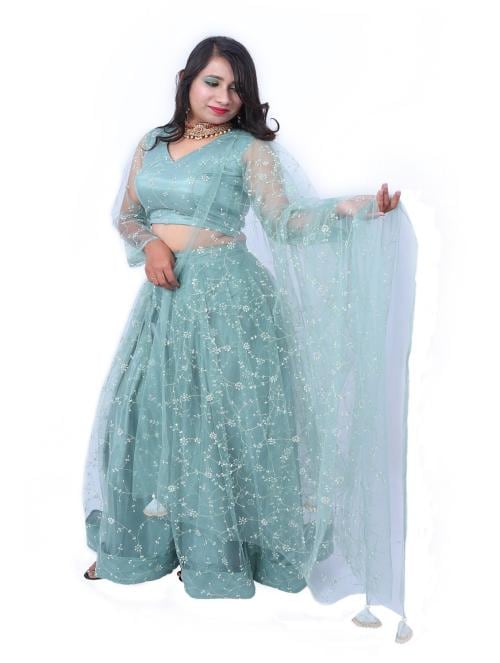 Weavers Saga Womens Net Lehenga Choli With Lining (Unstitched Blouse Piece) & Dupatta Set Perfect For Wedding, Festivals, Parties - Pastel Green (Pack of 1)-3XL