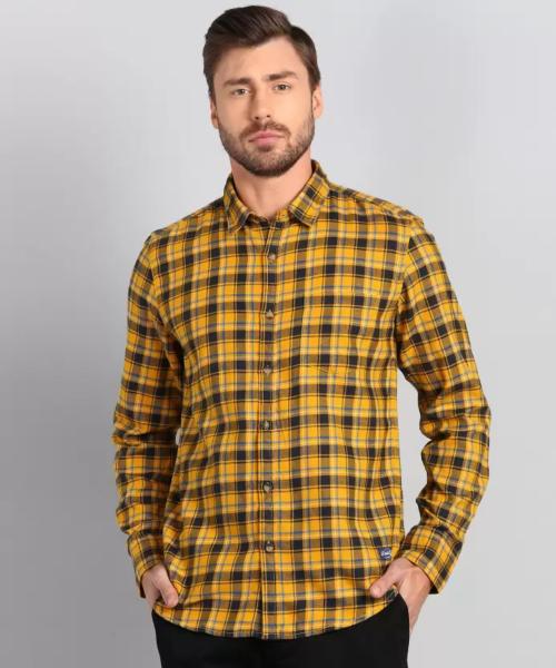 Rylax Men Yellow Checkered Cotton Linen Shirt