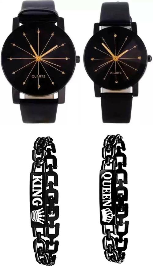 Blutech Black Watches With King, Queen Bracelet For Men And Women (Combo Of 4)