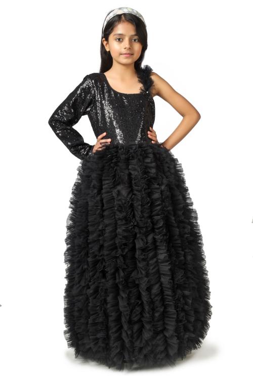 Modish Black Frilled Sequin Designer Party wear Dress with Cape