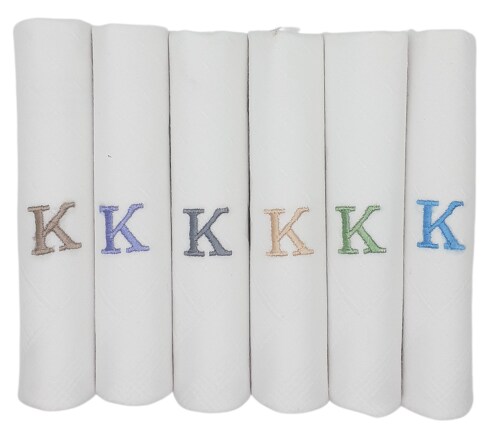 Concerto Men's Cotton (White/White - Prime Range) Embroidered Initial Handkerchief ( Pack of 6 ) (Size 46 cms * 46 cms) - K - Gifts for Husbands, Valentine, Fathers and Sons on Birthdays, Diwali and Christmas.