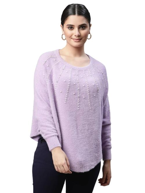 Global Republic Women Lilac Embellished Round Neck Dolman Full Sleeves Flared Fit Knitted Pullover (Free Size)