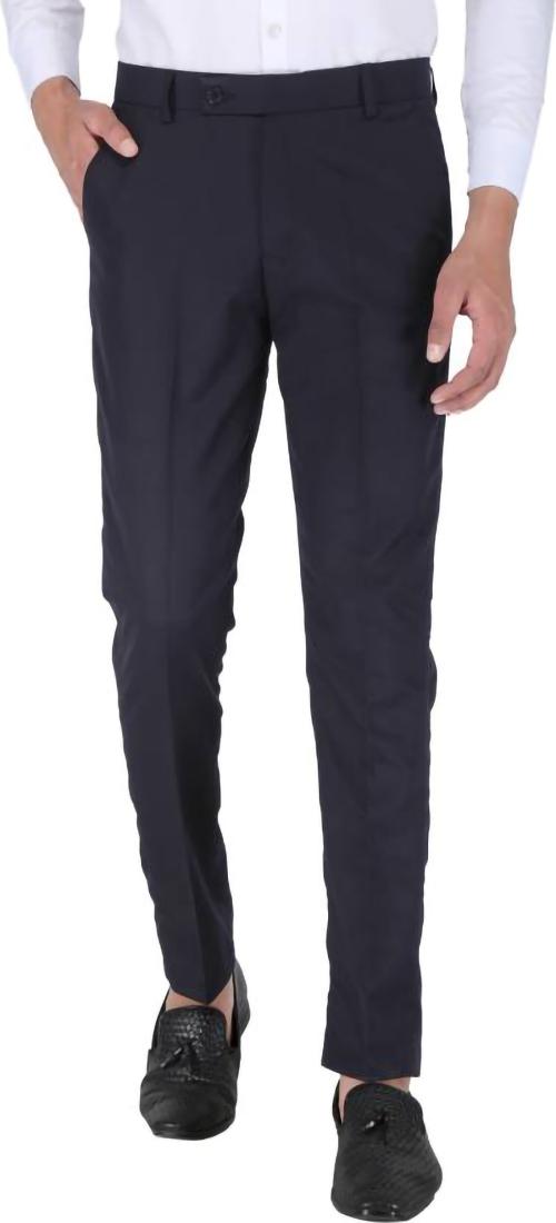 PLAYERZ Men Dark Blue Solid Viscose Rayon Formal Trousers - 28