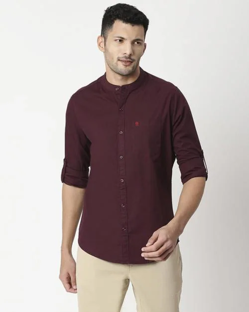 Thomas Scott Men Wine Cotton Mandarin-Collar Shirt With Roll-Up Sleeves (L)
