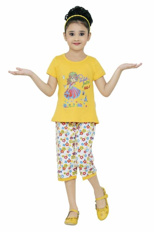 KHUSHTRAD GIRLS YELLOW COTTON TOP AND CAPRI SET