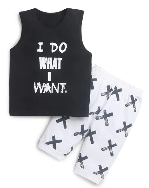 Hopscotch Boys Cotton Text Print Vest And Shorts Set In Black Colour For Ages 7-8 Years (HSP-3172203)
